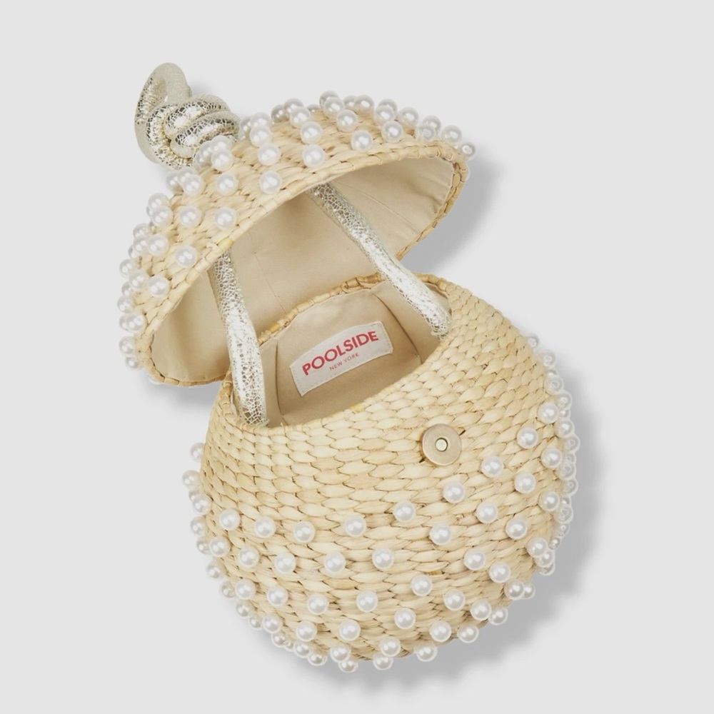 NWT POOLSIDE Pearl-Embellished Tan Clutch